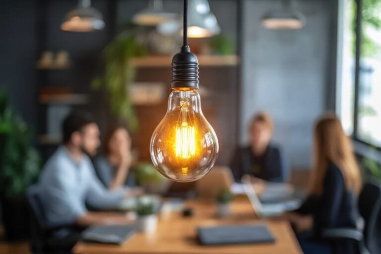 Creative Team Collaboration in Modern Office Environment with Glowing Light Bulb