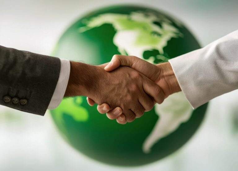 Global leaders shaking hands, large globe in the background with green hues representing sustainability, sustainable world conference, commitment to global environmental policies
